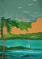 KABE SHOP INC Magdalena Pareo featuring a vibrant landscape print with palm trees, mountains, and a sailboat.