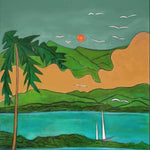 KABE SHOP INC Magdalena long silk maxi dress featuring a vibrant landscape print with palm trees and a sailboat.