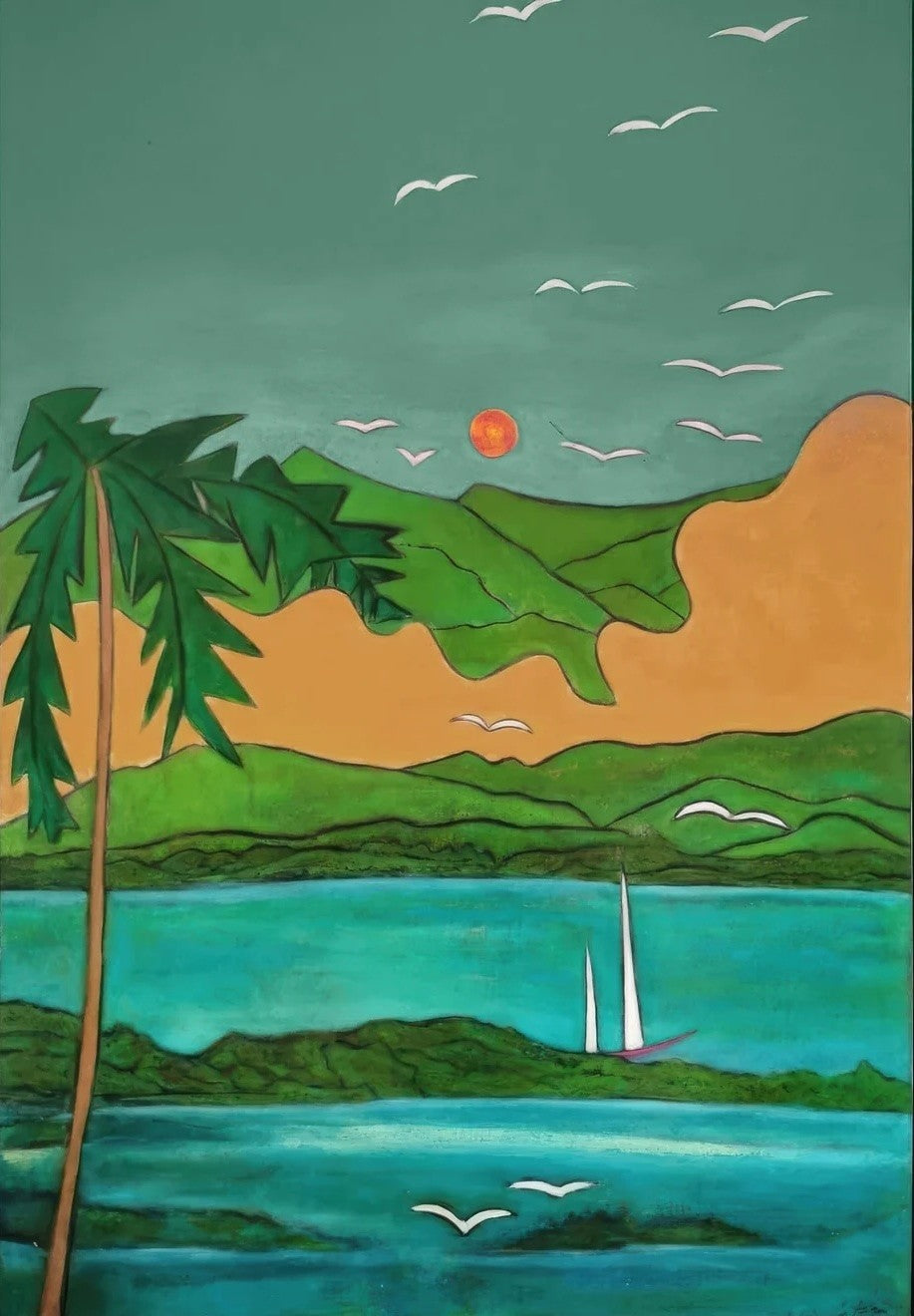 KABE SHOP INC Magdalena long silk maxi dress featuring a vibrant landscape print with palm trees and a sailboat.