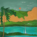 KABE SHOP INC Magdalena long silk maxi dress featuring a vibrant landscape print with palm trees and a sailboat.