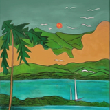 KABE SHOP INC Magdalena long silk maxi dress featuring a vibrant landscape print with palm trees and a sailboat.