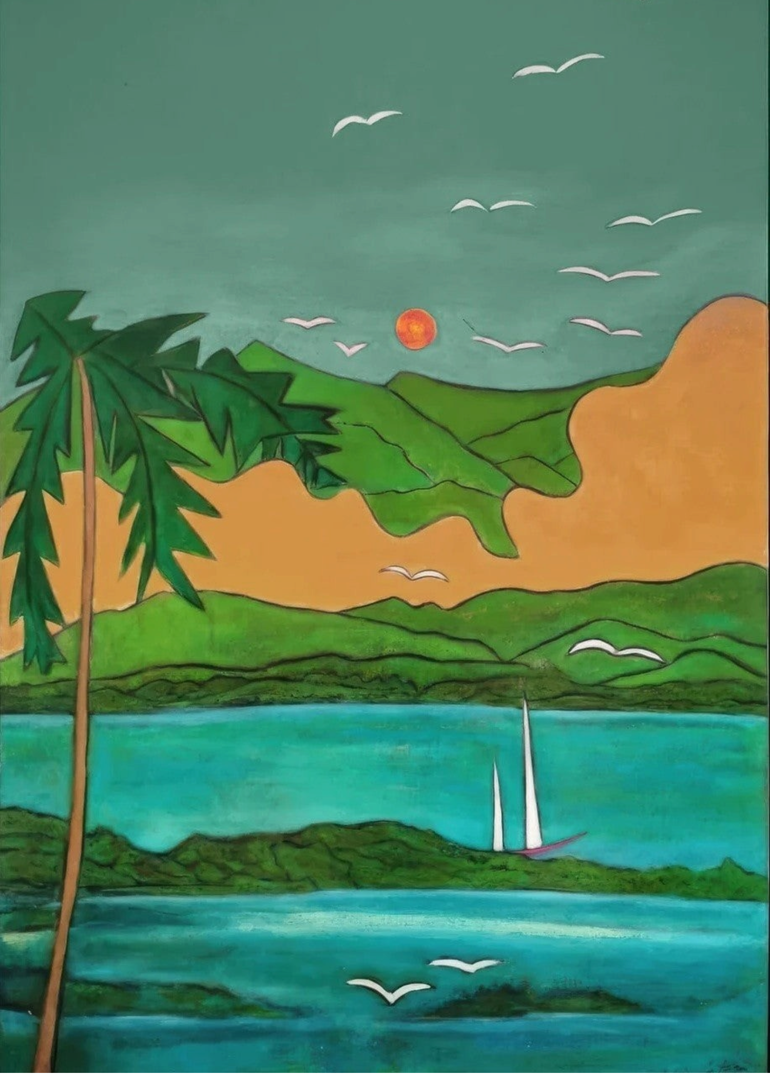 KABE SHOP INC Magdalena long silk maxi dress featuring a vibrant landscape print with palm trees and a sailboat.