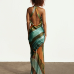 KABE SHOP INC Magdalena long silk maxi dress with halter neckline and abstract landscape print, back view
