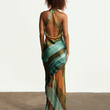 KABE SHOP INC Magdalena long silk maxi dress with halter neckline and abstract landscape print, back view