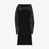 KABE SHOP INC Maltha midi skirt in black with olive green abstract patterned draped side panels