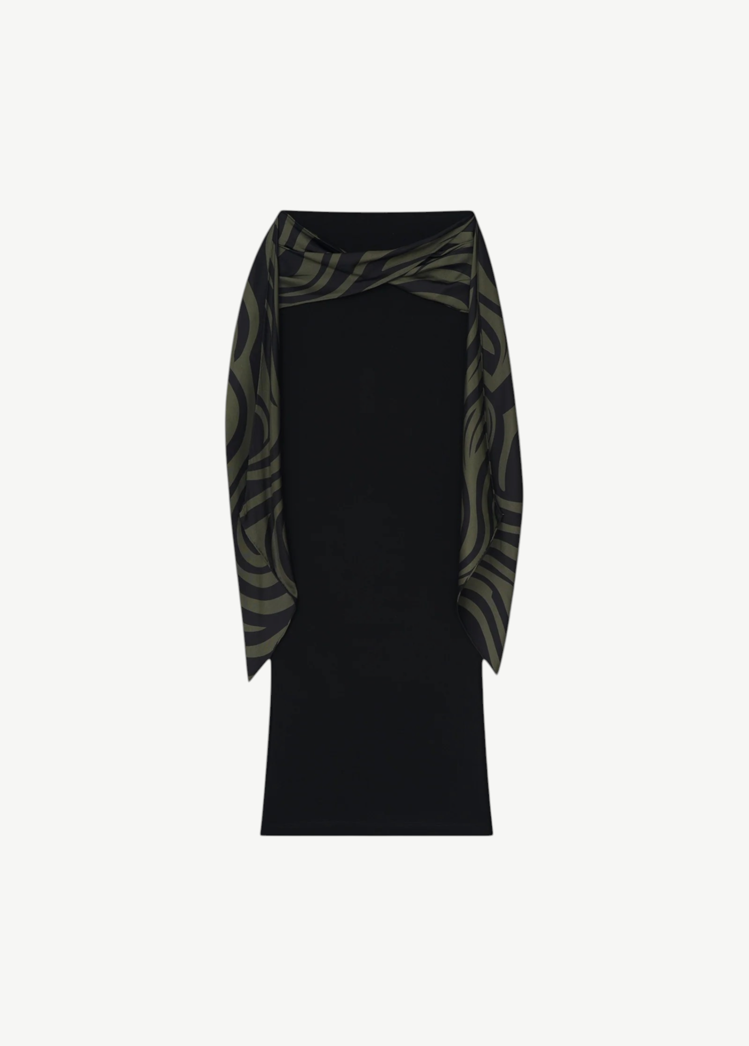 KABE SHOP INC Maltha midi skirt in black with olive green abstract patterned draped side panels