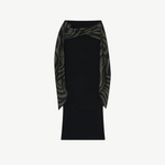 KABE SHOP INC Maltha midi skirt in black with olive green abstract patterned draped side panels