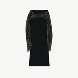 KABE SHOP INC Maltha midi skirt in black with olive green abstract patterned draped side panels