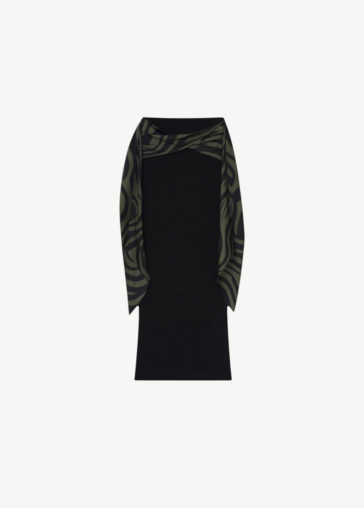 KABE SHOP INC Maltha midi skirt in black with olive green abstract patterned draped side panels
