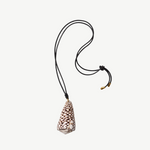 KABE SHOP INC marble cone shell pendant necklace on a black leather cord with gold-capped adjustable knot ends.