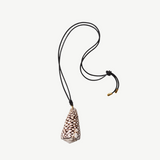 KABE SHOP INC marble cone shell pendant necklace on a black leather cord with gold-capped adjustable knot ends.