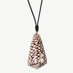 KABE SHOP INC marble cone shell necklace with a natural patterned pendant on an adjustable black leather cord.
