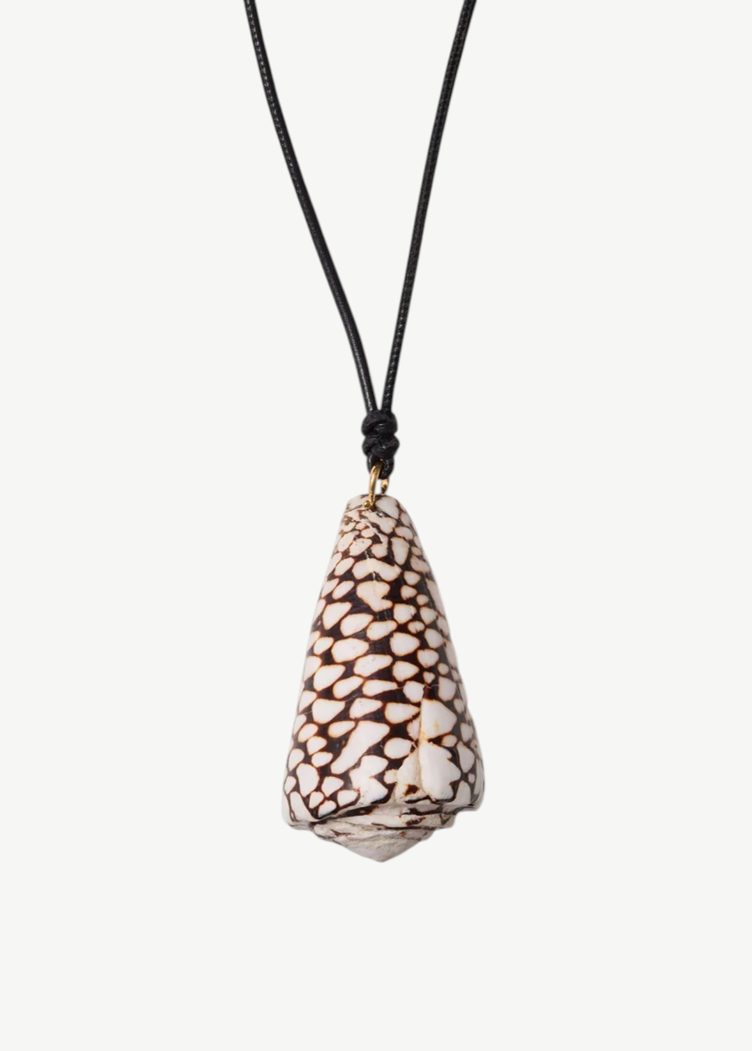 KABE SHOP INC marble cone shell necklace with a natural patterned pendant on an adjustable black leather cord.