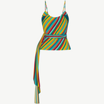 KABE SHOP INC Marlowe crepe wrap tank featuring a vibrant multi-colored diagonal stripe pattern and long side tie.