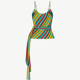 KABE SHOP INC Marlowe crepe wrap tank featuring a vibrant multi-colored diagonal stripe pattern and long side tie.
