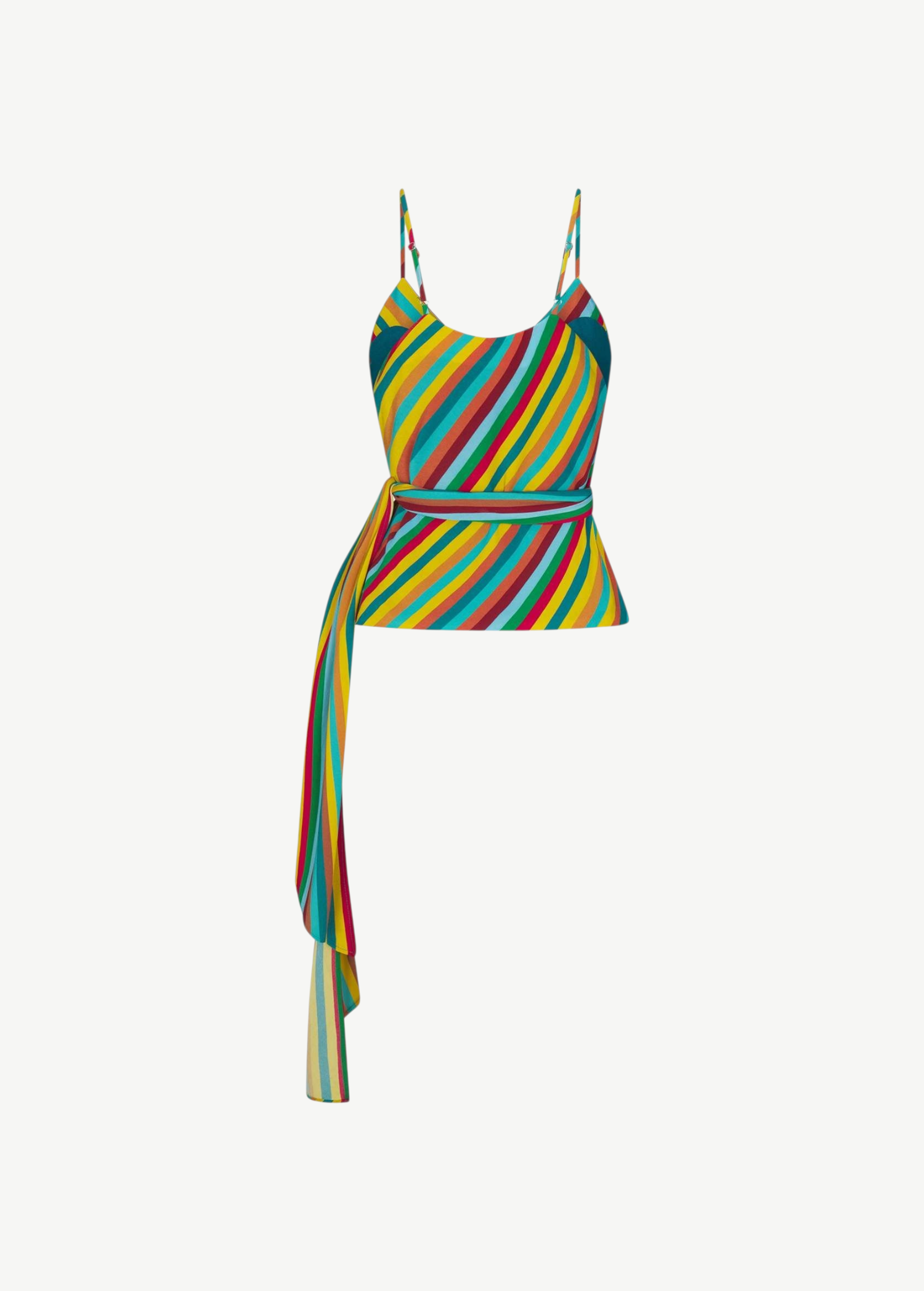 KABE SHOP INC Marlowe crepe wrap tank featuring a vibrant multi-colored diagonal stripe pattern and long side tie.