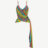 KABE SHOP INC Marlowe crepe wrap tank featuring a vibrant multi-colored diagonal stripe pattern and long side tie.