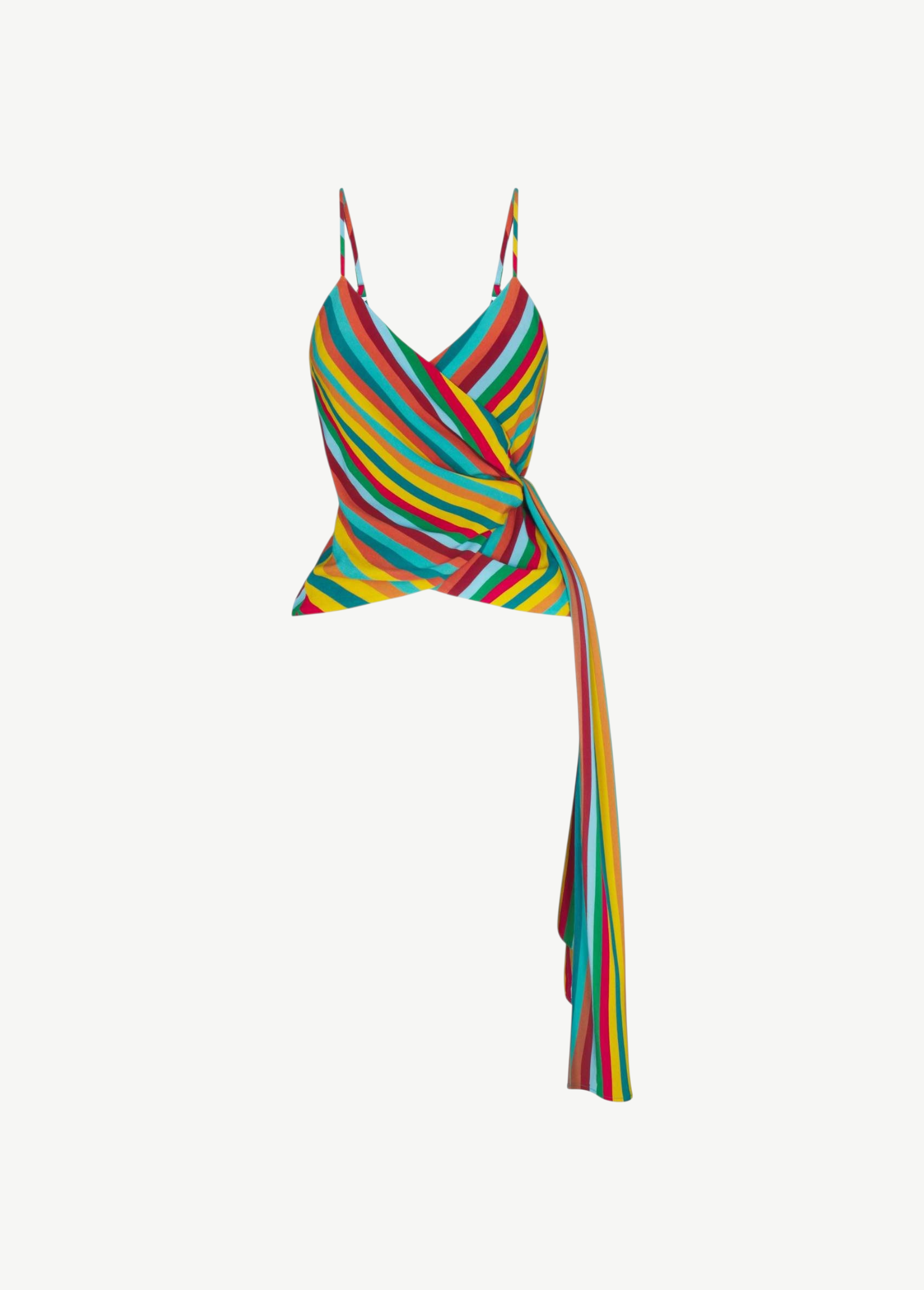 KABE SHOP INC Marlowe crepe wrap tank featuring a vibrant multi-colored diagonal stripe pattern and long side tie.