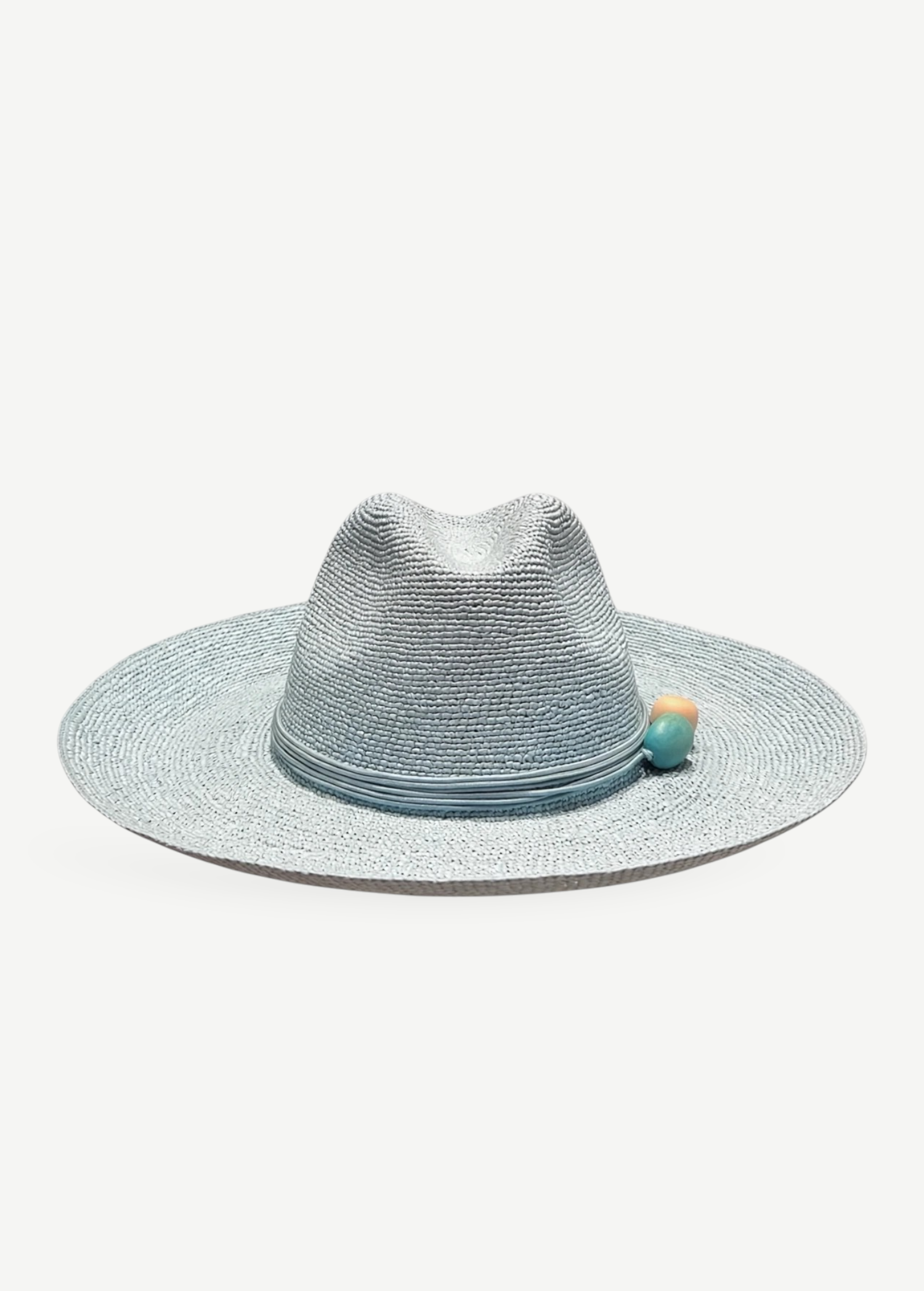 KABE SHOP INC Mayu hat in light blue straw with a wide brim, cord trim, and decorative wooden beads
