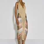KABE SHOP INC Melissa dress featuring a beige halter neckline, intricate cord detailing, and a multi-colored fringe hem