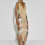 KABE SHOP INC Melissa dress featuring a beige halter neckline, intricate cord detailing, and a multi-colored fringe hem