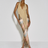 Model wearing a KABE SHOP INC Melissa dress with a plunging halter neckline and metallic multi-coloured cord detail.