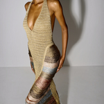 KABE SHOP INC Melissa dress featuring a gold metallic halter neckline and multi-colored striped crochet knit fabric.