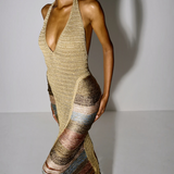 KABE SHOP INC Melissa dress featuring a gold metallic halter neckline and multi-colored striped crochet knit fabric.