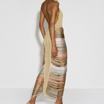 KABE SHOP INC Melissa dress featuring a halter neckline and multi-colored metallic cord fringe in a backless design.