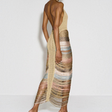 KABE SHOP INC Melissa dress featuring a halter neckline and multi-colored metallic cord fringe in a backless design.