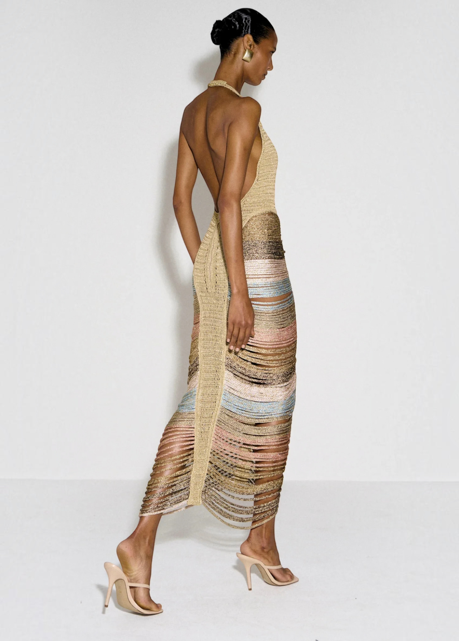 KABE SHOP INC Melissa dress featuring a halter neckline and multi-colored metallic cord fringe in a backless design.