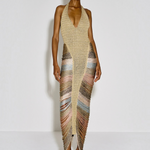 Model wearing KABE SHOP INC Melissa halter neck midi dress in metallic gold with multi-colored corded fringe detail.