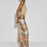 KABE SHOP INC Melissa dress featuring a gold halter neckline and multi-coloured metallic cord detailing