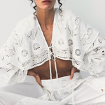 KABE SHOP INC Menorca trousers in white cotton with intricate lace patterns and delicate artisanal finish
