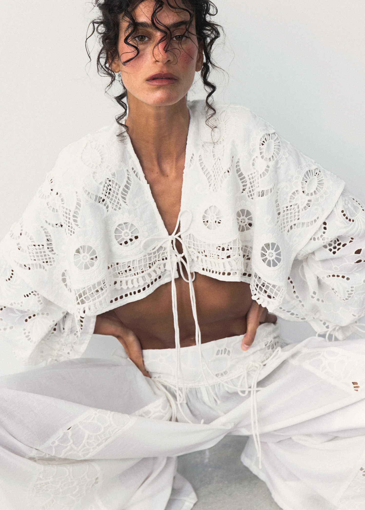 KABE SHOP INC Menorca trousers in white cotton with intricate lace patterns and delicate artisanal finish