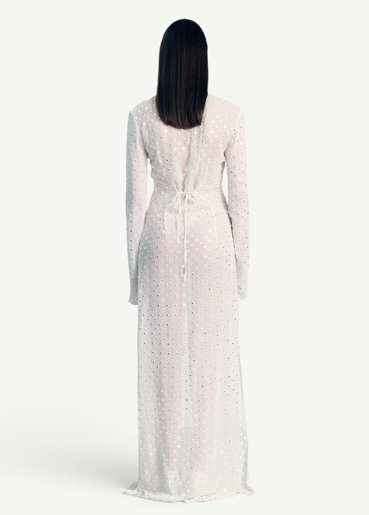 Back view of KABE SHOP INC Mirror Dress in sheer white fabric with silver embellishments and a tie-back waist.