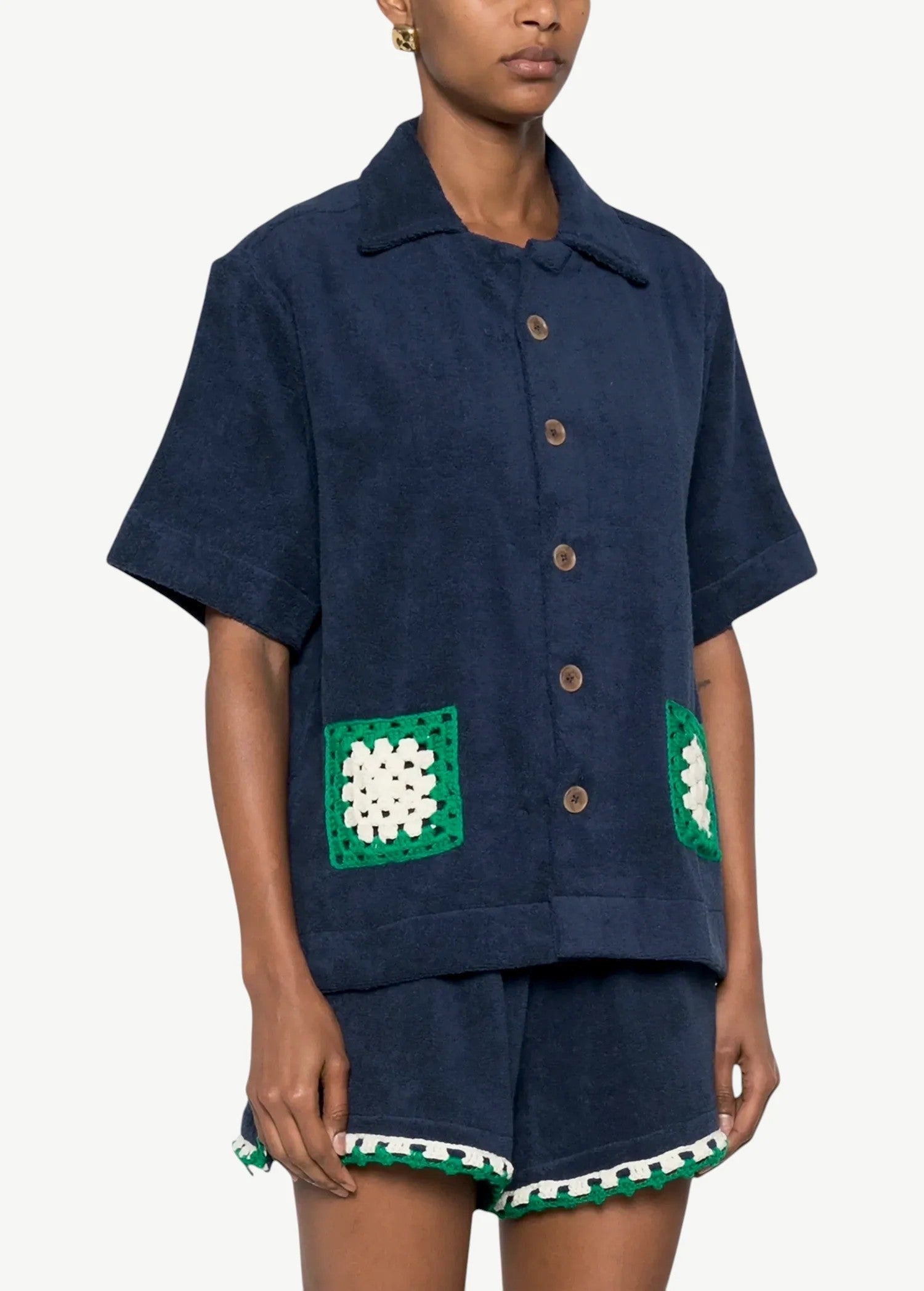 KABE SHOP INC navy organic cotton towelling boxy shirt with green and white handwoven crochet pocket detail