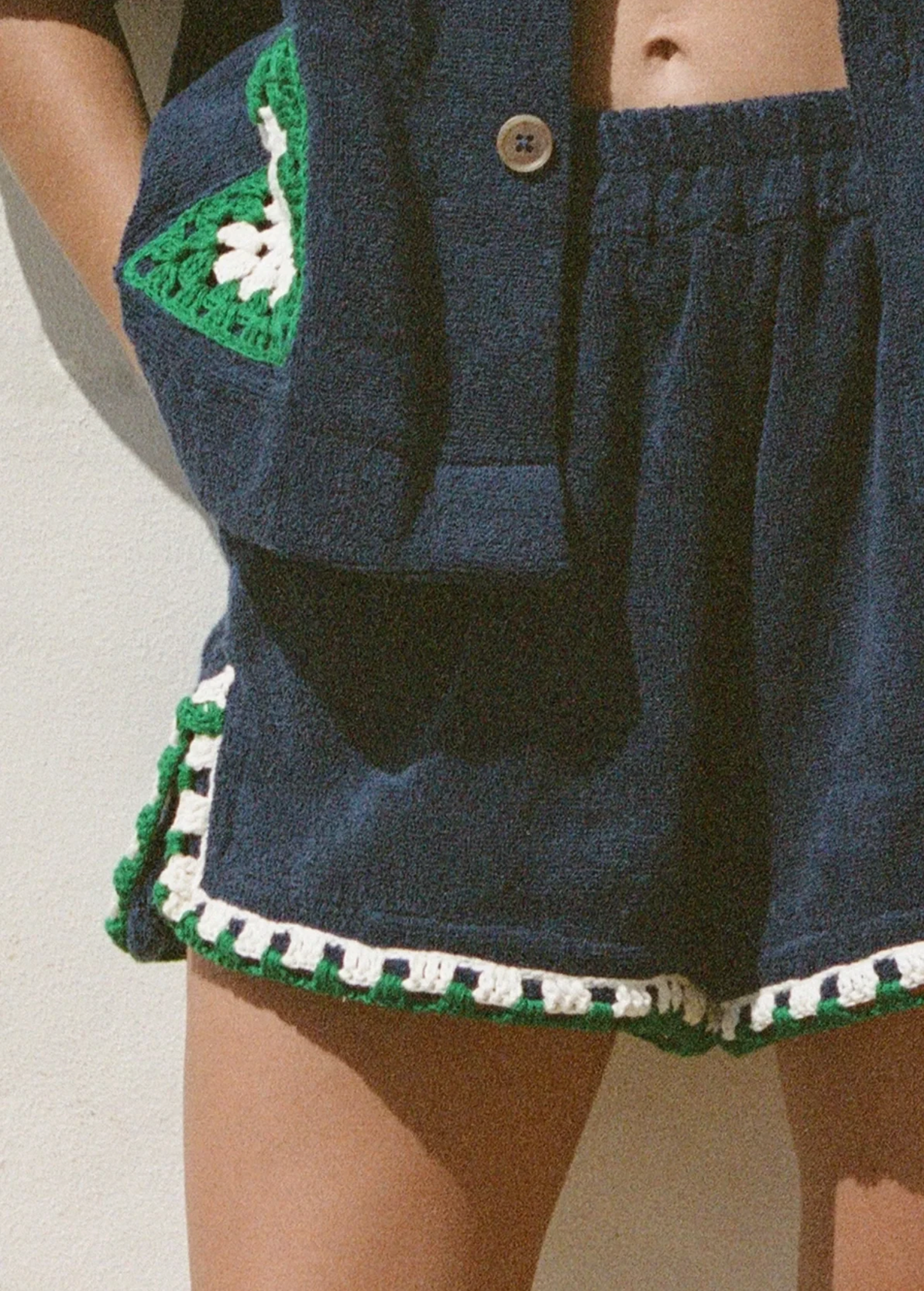 KABE SHOP INC Estate Short in navy organic cotton towelling with green and white crochet scallop trim and side splits