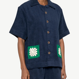 KABE SHOP INC Estate Short in navy organic cotton towelling with green and white crochet scallop trim details.