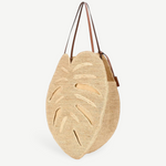 KABE SHOP INC large palm leaf shaped raffia tote bag with brown leather shoulder straps for summer vacation