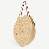 KABE SHOP INC large palm leaf shaped raffia tote bag with brown leather shoulder straps for summer vacation