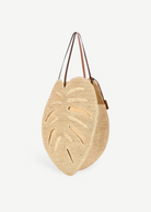 KABE SHOP INC large palm leaf shaped raffia tote bag with brown leather shoulder straps for summer vacation