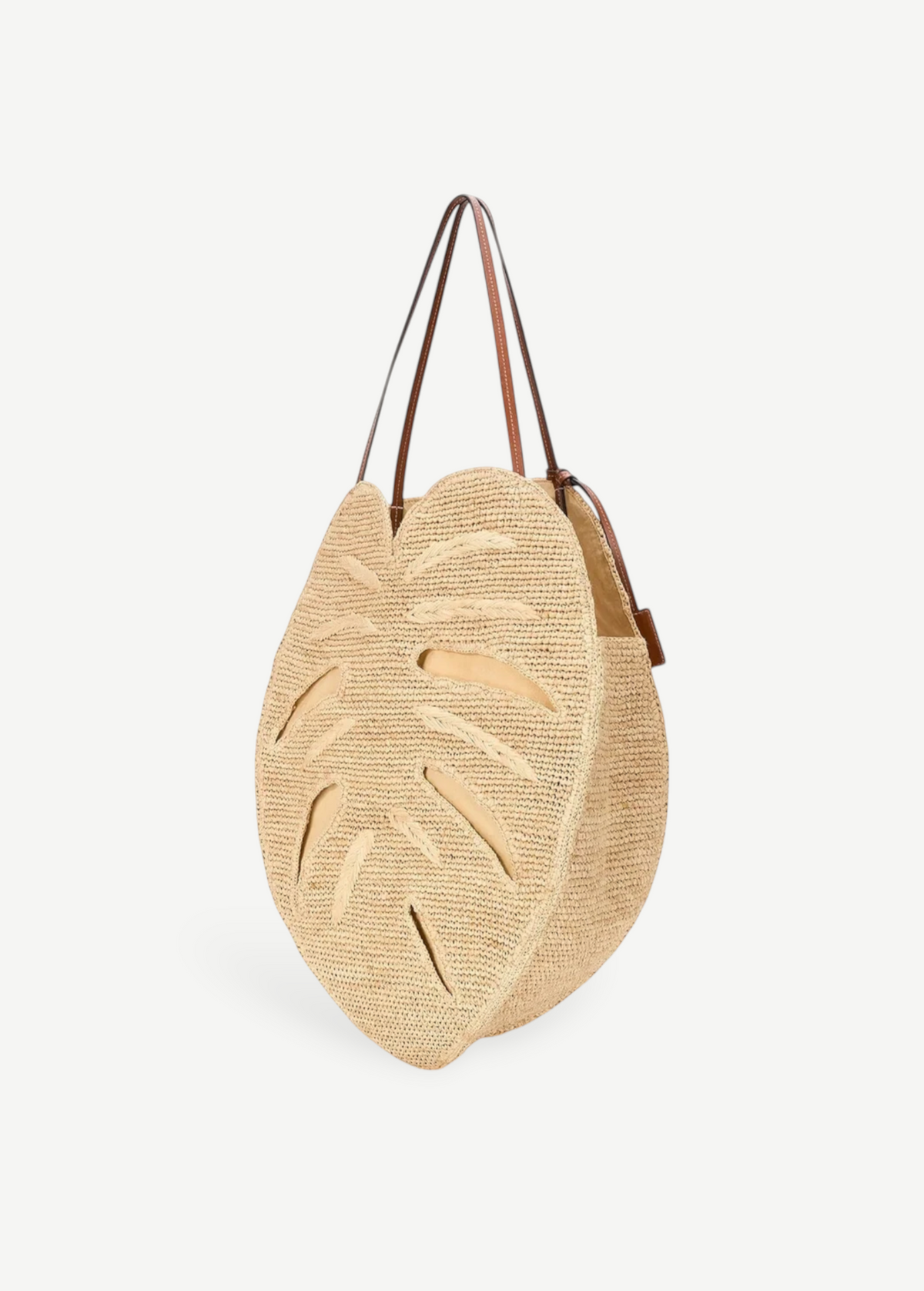 KABE SHOP INC large palm leaf shaped raffia tote bag with brown leather shoulder straps for summer vacation