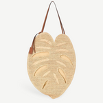 KABE SHOP INC large palm leaf shaped raffia tote bag with brown leather shoulder straps and beige lining