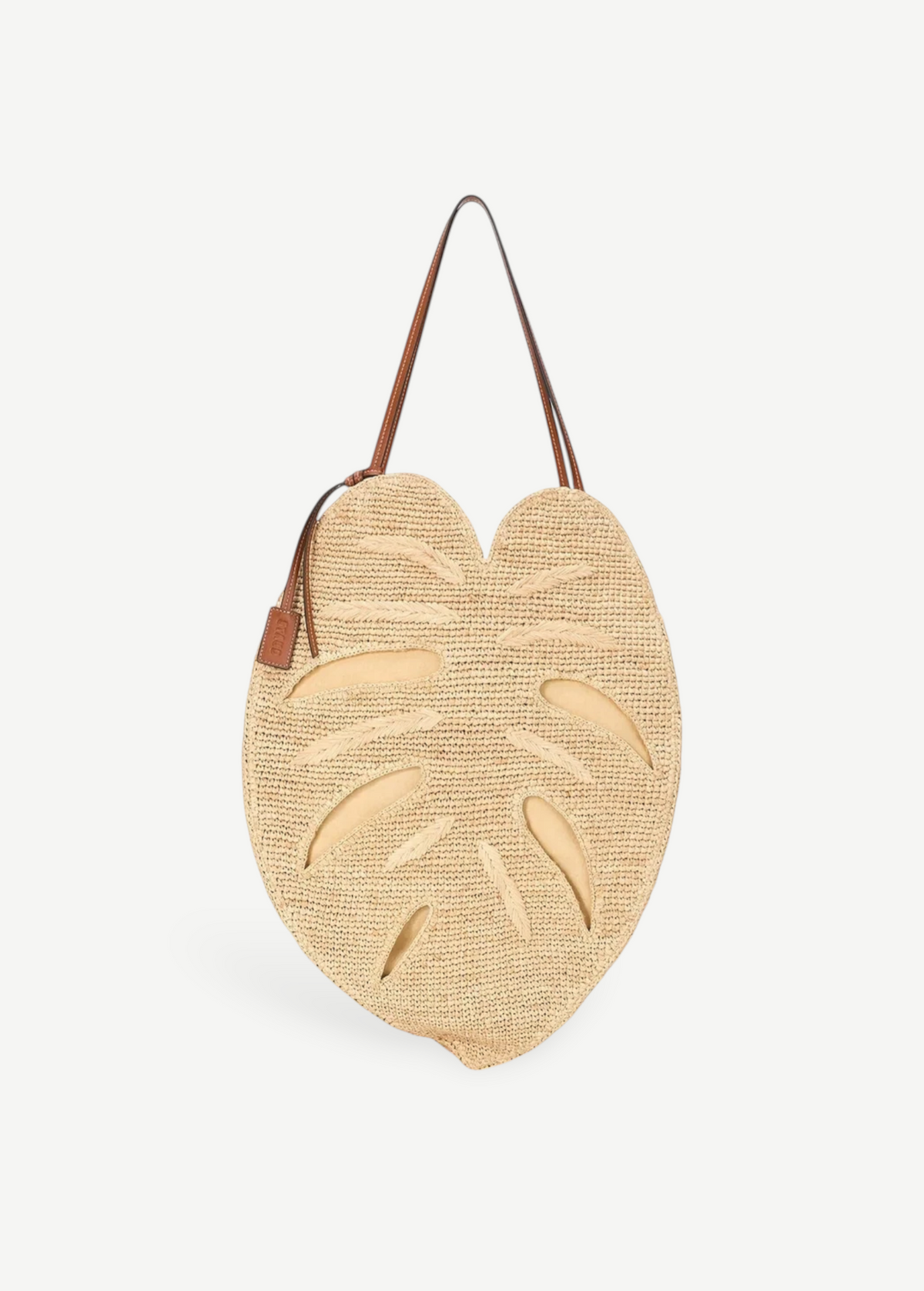 KABE SHOP INC large palm leaf shaped raffia tote bag with brown leather shoulder straps and beige lining