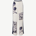 KABE SHOP INC Phillipa wide-leg trousers in cream silk-viscose with a vintage navy blue sea-inspired stamp print.