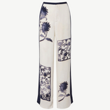 KABE SHOP INC Phillipa wide-leg trousers in cream silk-viscose with a vintage navy blue sea-inspired stamp print.