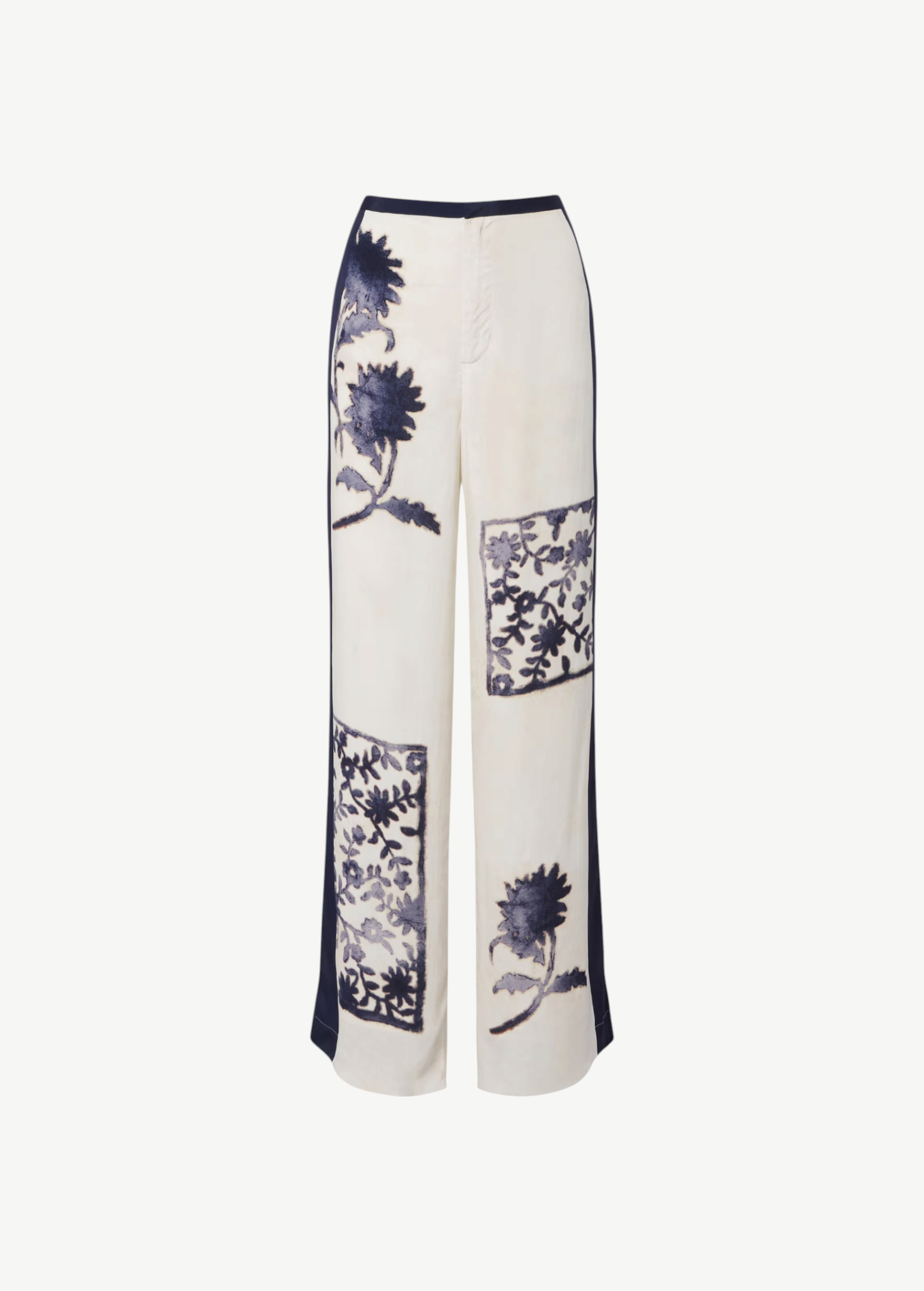 KABE SHOP INC Phillipa wide-leg trousers in cream silk-viscose with a vintage navy blue sea-inspired stamp print.