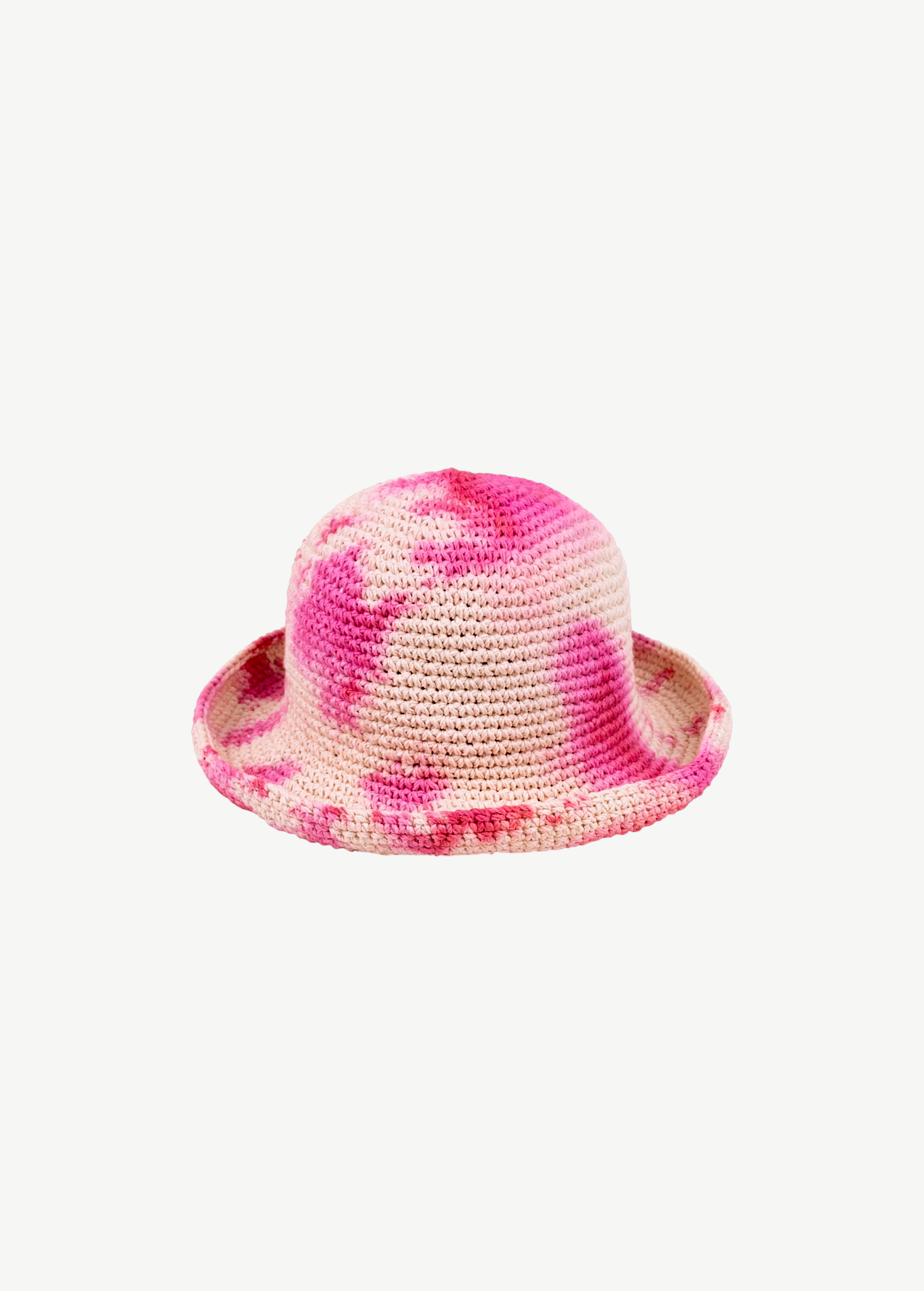 KABE SHOP INC Pora crochet bucket hat in pink and cream tie-dye pattern with a handmade artisanal texture.