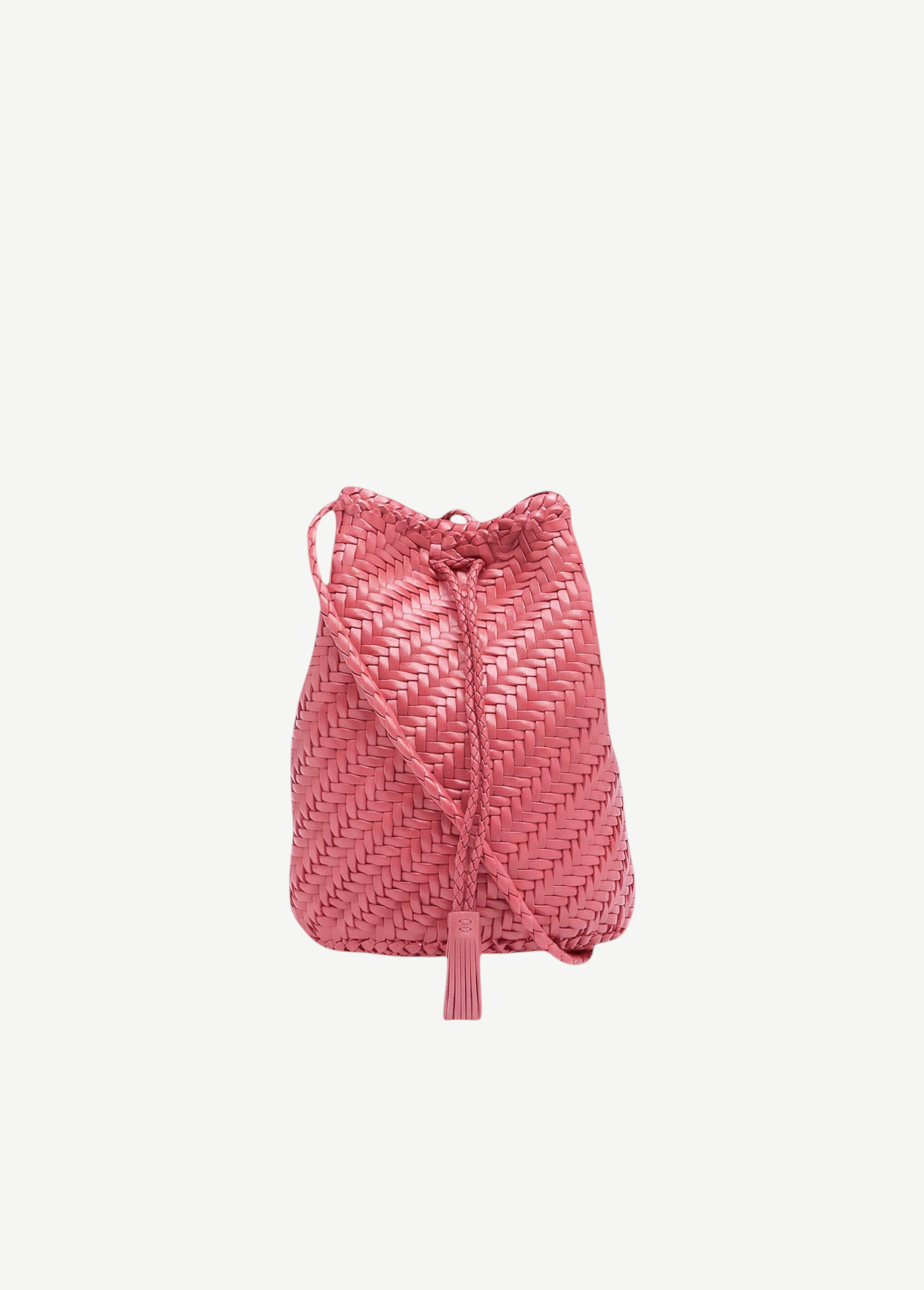 KABE SHOP INC Pompom Double Jump Bag in pink woven buffalo calf leather with a crossbody strap and tassel detail.